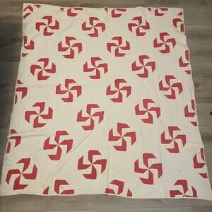 Vintage Whirling Log Navajo Native American Quilt 80" x 72" Red White Antique